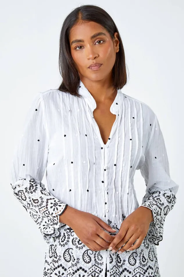Women Ivory Cotton Paisley Embroidered VNeck Blouse Roman Tops