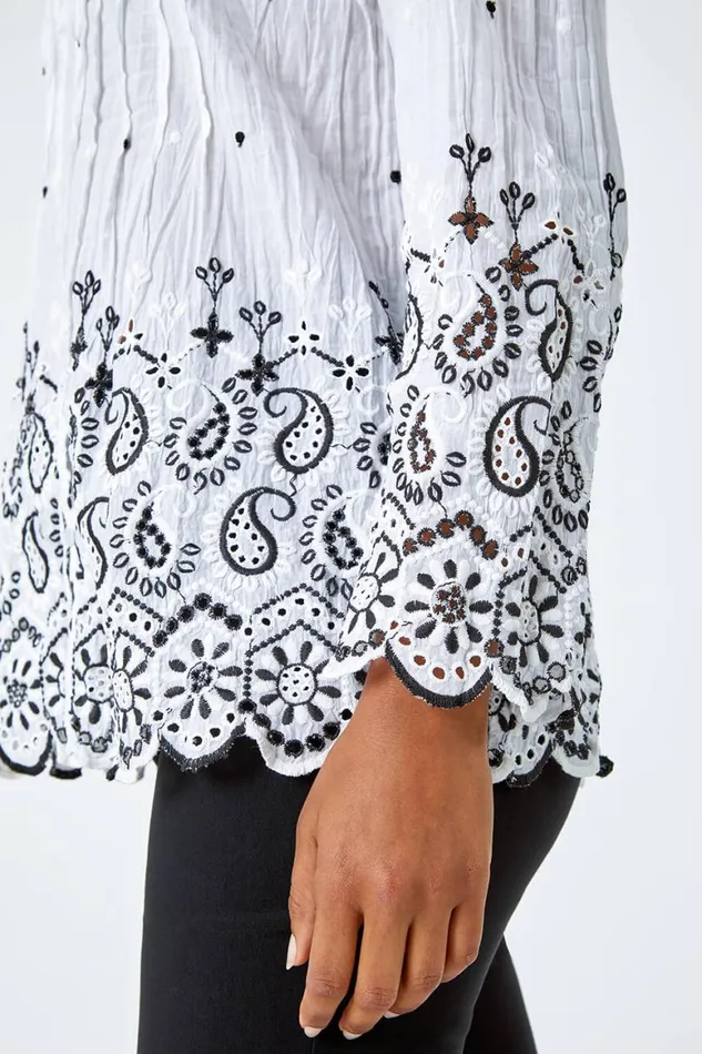 Women Ivory Cotton Paisley Embroidered VNeck Blouse Roman Tops