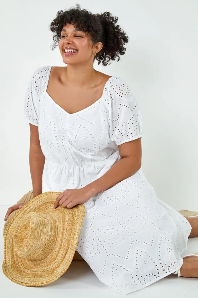 Women Ivory Curve Cotton Broderie Midi Dress Roman Dresses