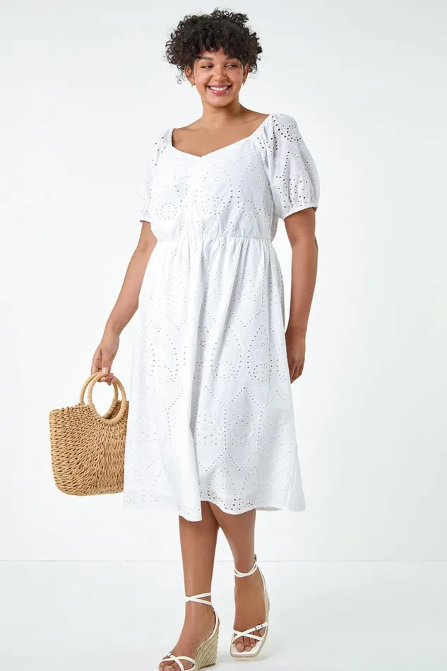 Women Ivory Curve Cotton Broderie Midi Dress Roman Dresses
