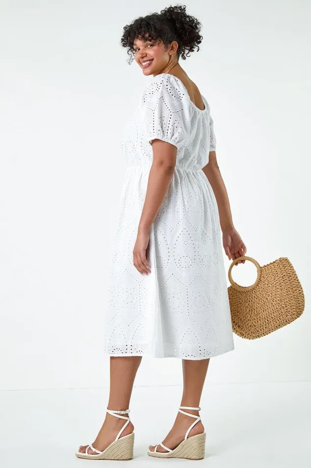 Women Ivory Curve Cotton Broderie Midi Dress Roman Dresses