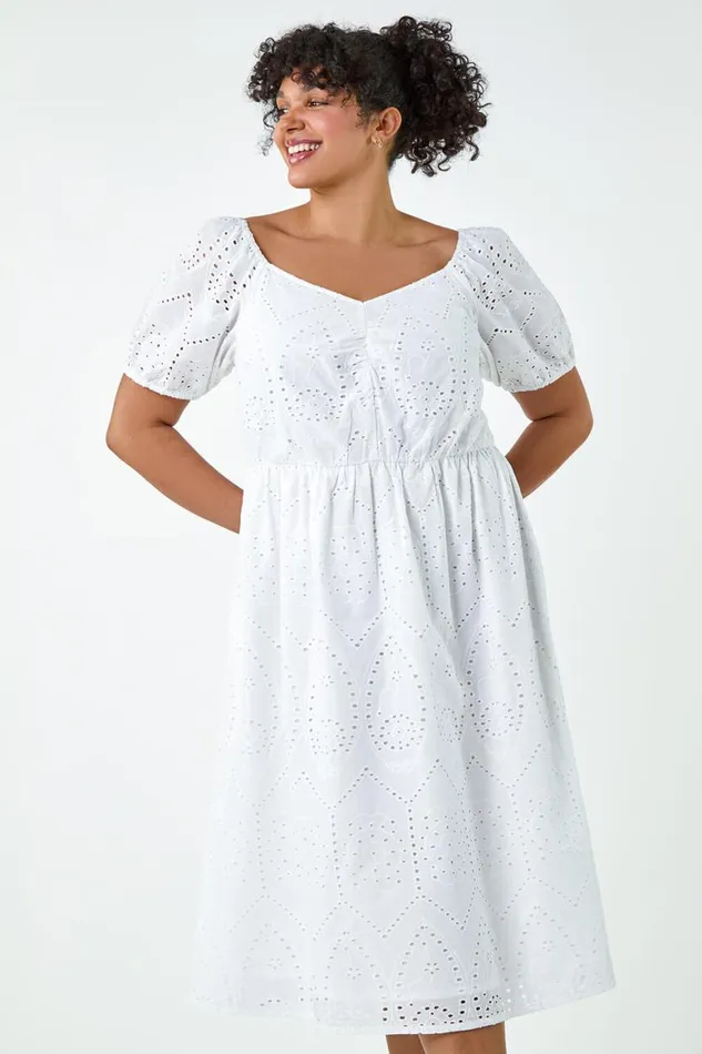 Women Ivory Curve Cotton Broderie Midi Dress Roman Dresses