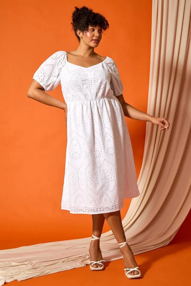 Women Ivory Curve Cotton Broderie Midi Dress Roman Dresses