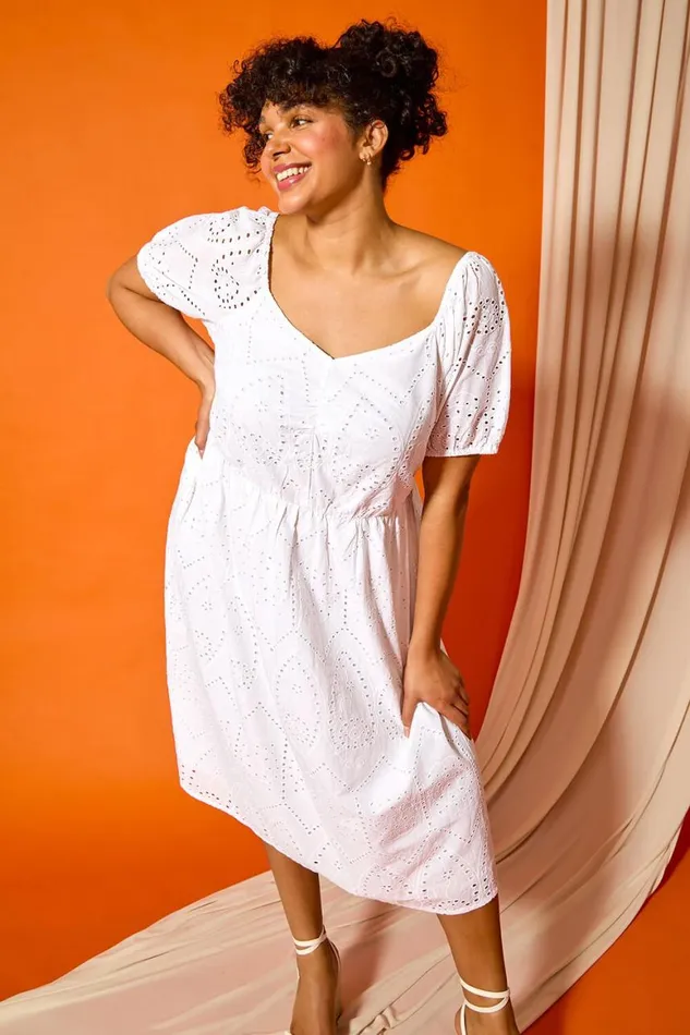 Women Ivory Curve Cotton Broderie Midi Dress Roman Dresses