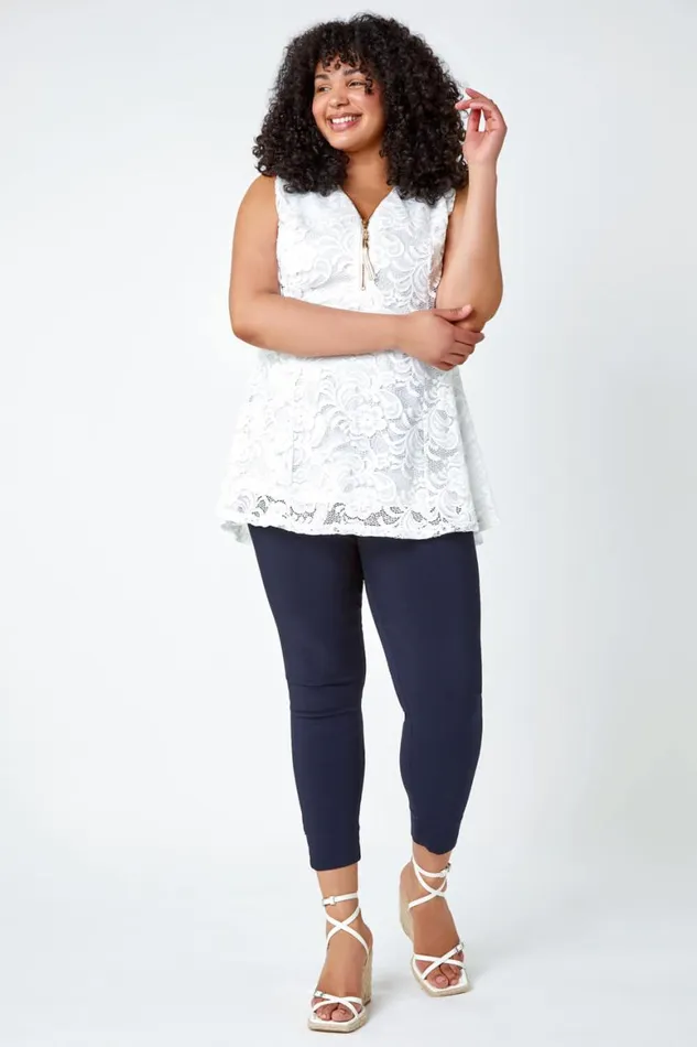 Women Ivory Curve Lace Zip Detail VNeck Top Roman Tops