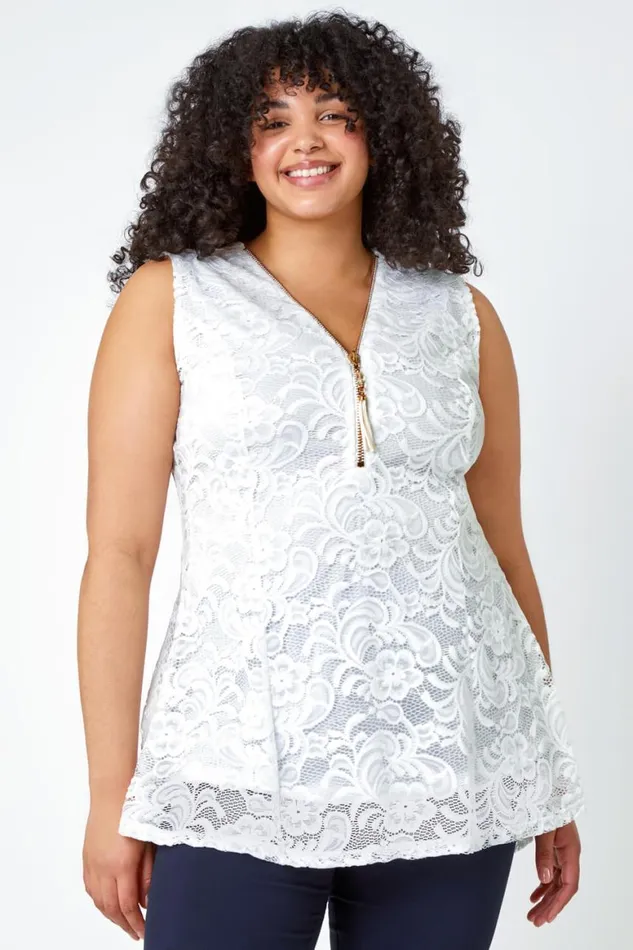 Women Ivory Curve Lace Zip Detail VNeck Top Roman Tops