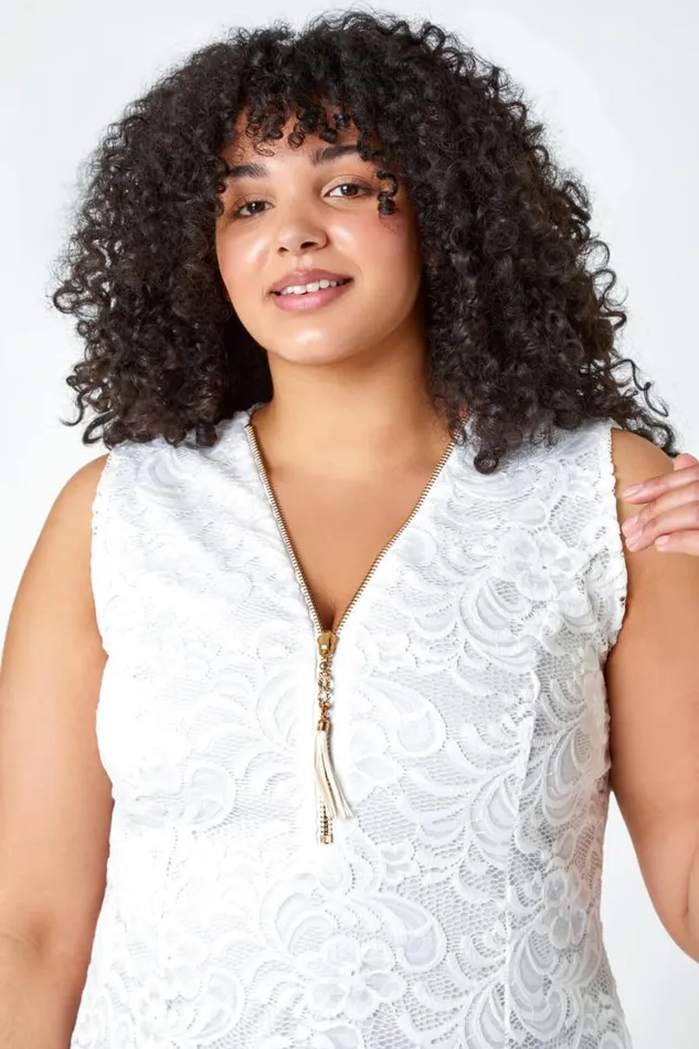 Women Ivory Curve Lace Zip Detail VNeck Top Roman Tops
