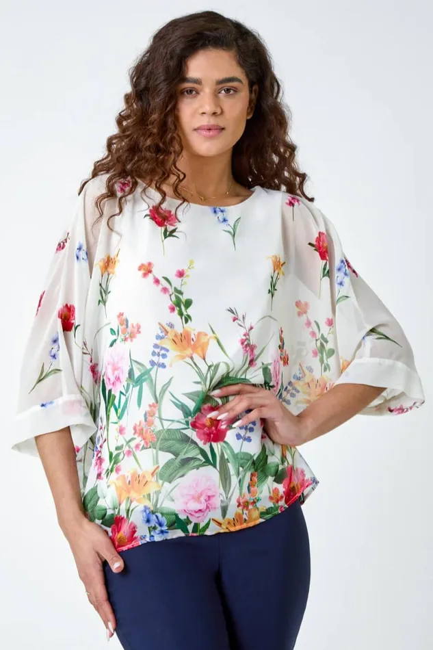 Women Ivory Floral Border Print Overlay Top Roman Tops