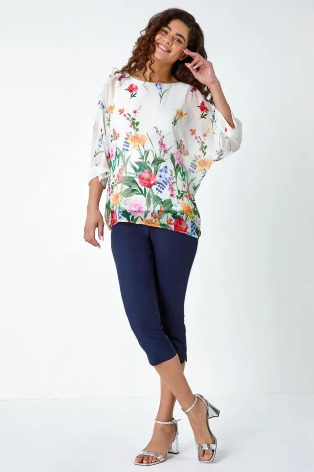 Women Ivory Floral Border Print Overlay Top Roman Tops