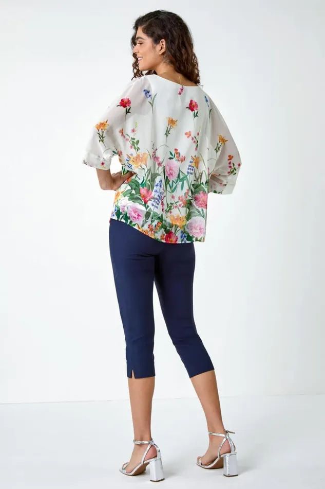 Women Ivory Floral Border Print Overlay Top Roman Tops