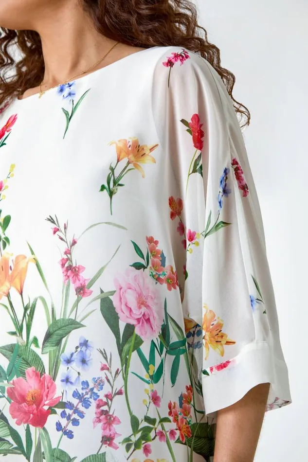 Women Ivory Floral Border Print Overlay Top Roman Tops