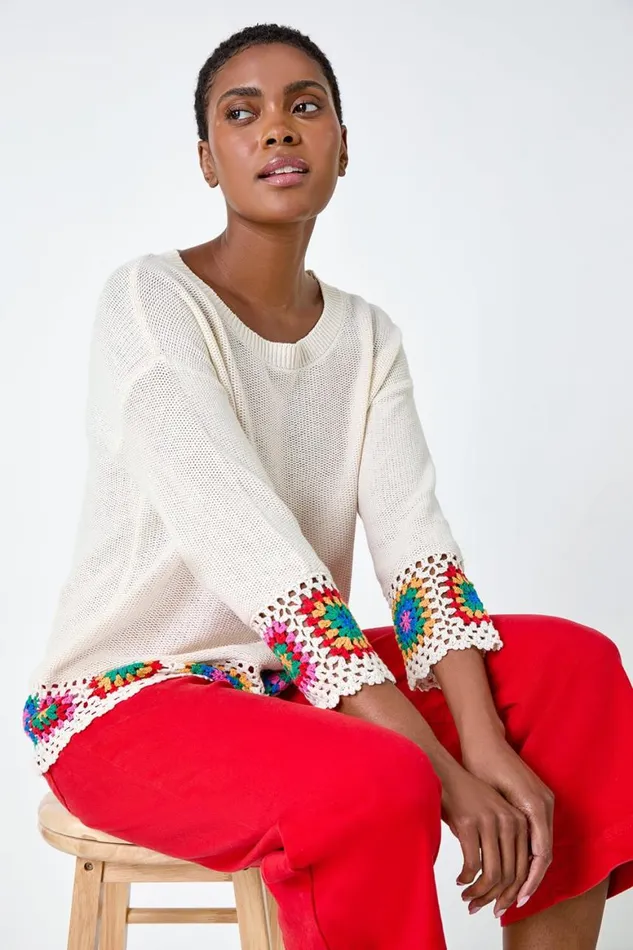 Women Ivory Floral Crochet Hem Cotton Jumper Roman Knitwear
