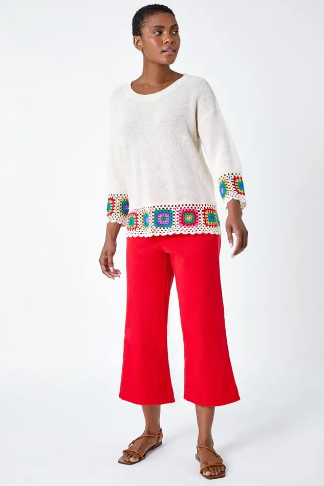 Women Ivory Floral Crochet Hem Cotton Jumper Roman Knitwear