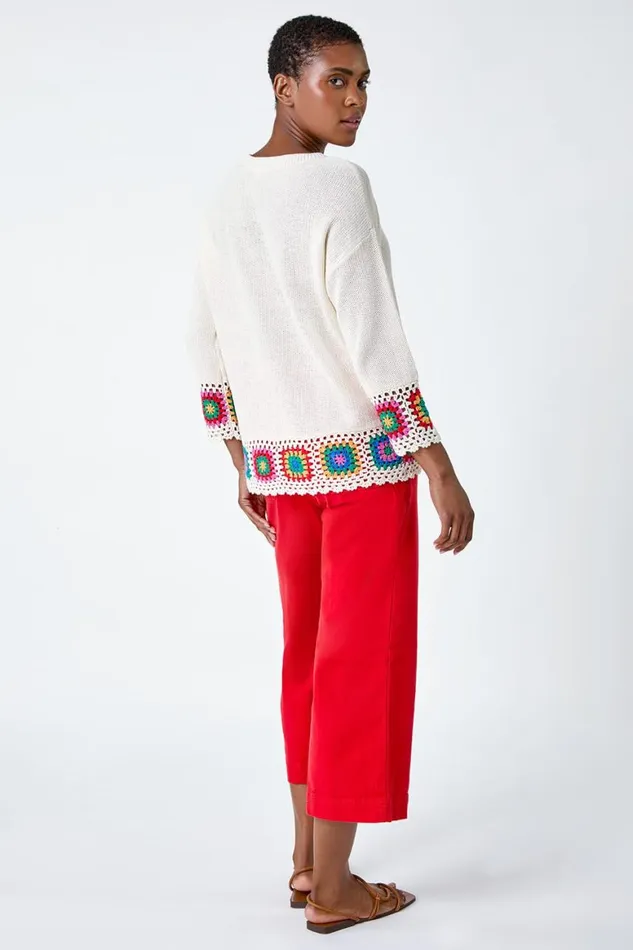 Women Ivory Floral Crochet Hem Cotton Jumper Roman Knitwear