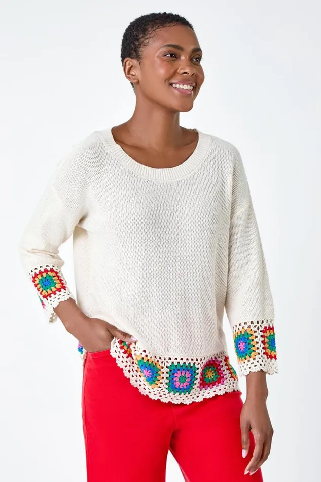 Women Ivory Floral Crochet Hem Cotton Jumper Roman Knitwear