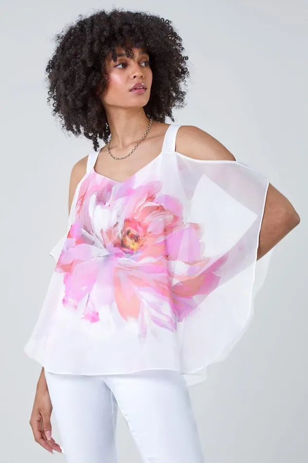 Women Ivory Floral Print Cold Shoulder Overlay Top Roman Tops