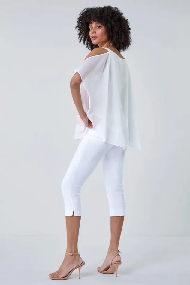 Women Ivory Floral Print Cold Shoulder Overlay Top Roman Tops