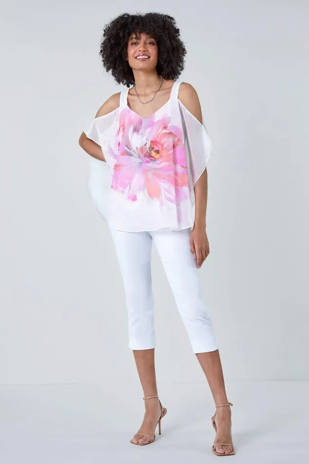 Women Ivory Floral Print Cold Shoulder Overlay Top Roman Tops