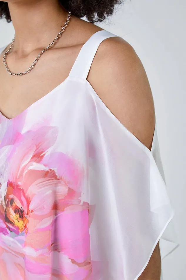 Women Ivory Floral Print Cold Shoulder Overlay Top Roman Tops