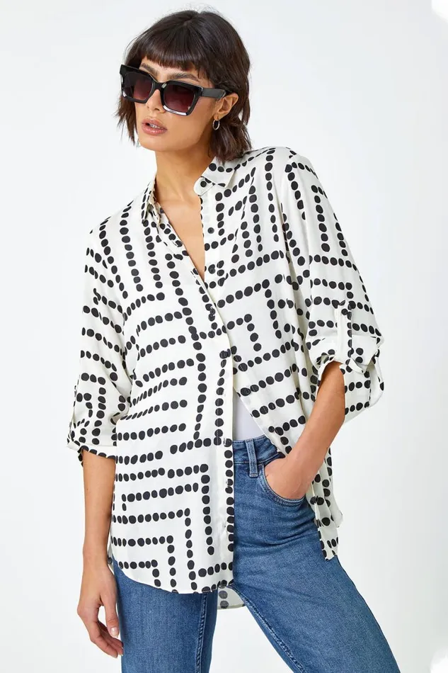 Women Ivory Geo Polka Dot Print Longline Shirt Roman Tops