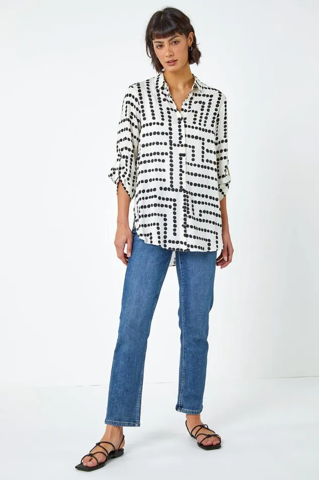 Women Ivory Geo Polka Dot Print Longline Shirt Roman Tops