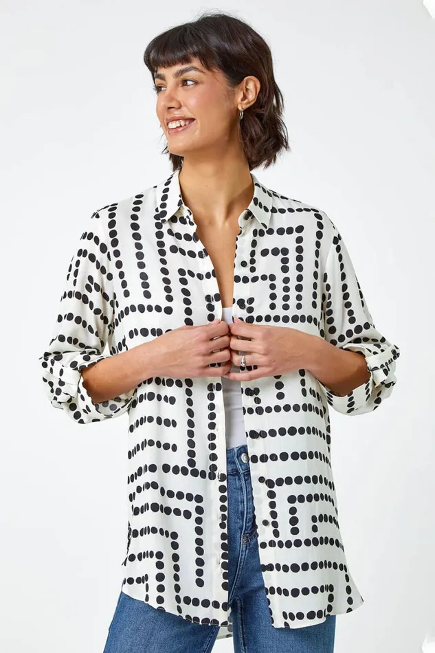 Women Ivory Geo Polka Dot Print Longline Shirt Roman Tops
