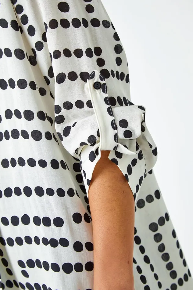 Women Ivory Geo Polka Dot Print Longline Shirt Roman Tops