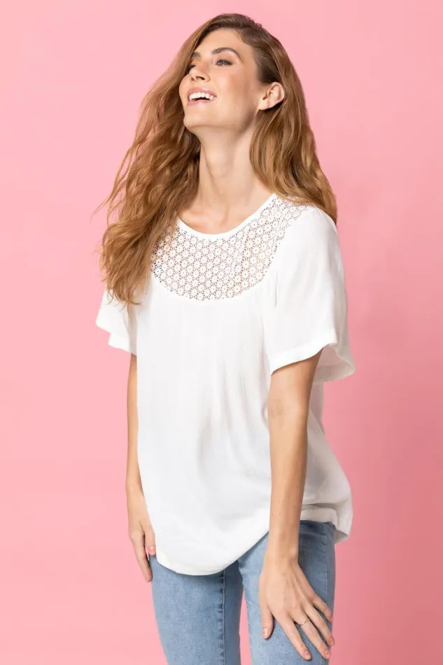 Women Ivory Lace Panel Tunic Top Roman Tops