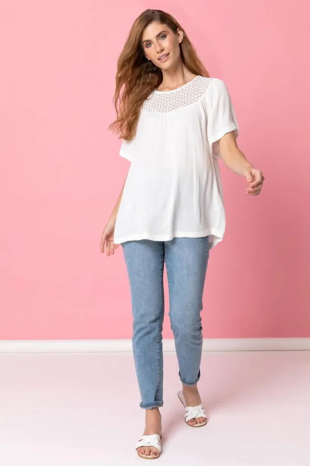 Women Ivory Lace Panel Tunic Top Roman Tops