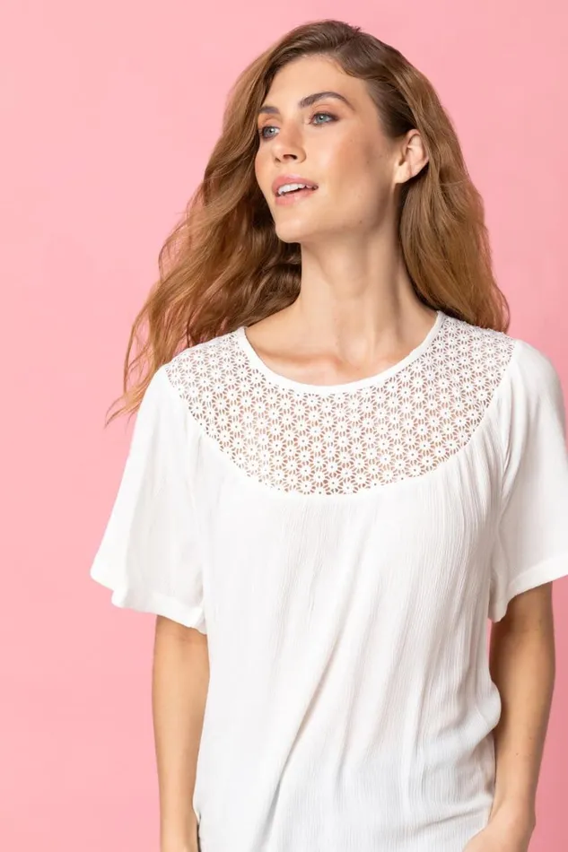 Women Ivory Lace Panel Tunic Top Roman Tops