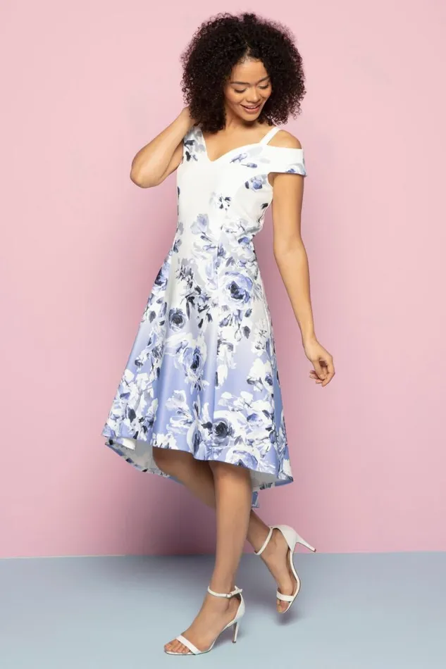 Women Ivory Ombre Fit And Flare Cold Shoulder Dress Roman Dresses