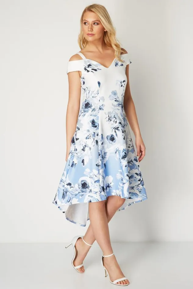 Women Ivory Ombre Fit And Flare Cold Shoulder Dress Roman Dresses