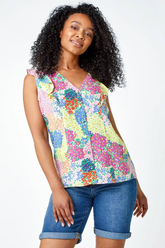 Women Ivory Petite Floral Frill Detail Button Top Roman Tops