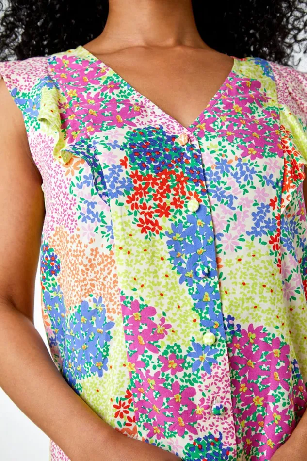 Women Ivory Petite Floral Frill Detail Button Top Roman Tops
