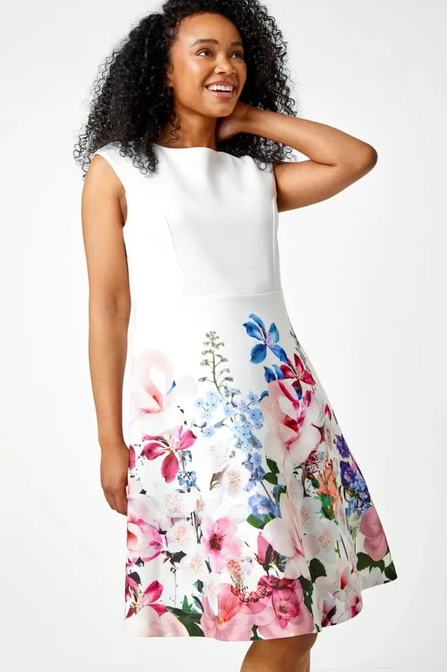 Women Ivory Petite Premium Stretch Floral Dress Roman Dresses