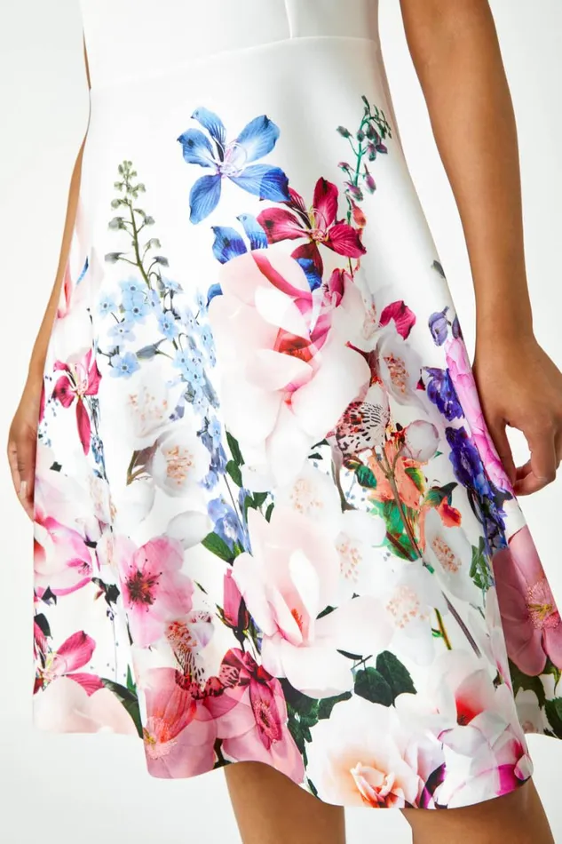 Women Ivory Petite Premium Stretch Floral Dress Roman Dresses