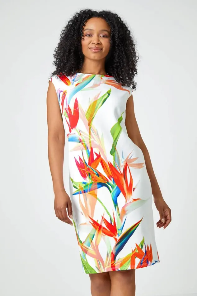 Women Ivory Petite Premium Stretch Floral Shift Dress Roman Dresses