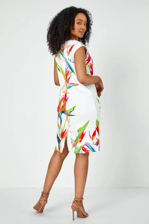 Women Ivory Petite Premium Stretch Floral Shift Dress Roman Dresses