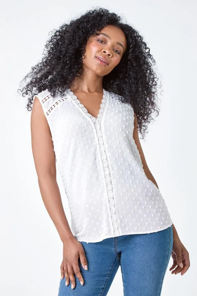 Women Ivory Petite Spot Print Lace Tunic Top Roman Tops