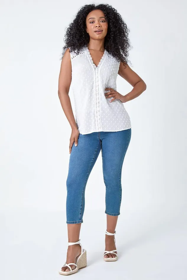 Women Ivory Petite Spot Print Lace Tunic Top Roman Tops