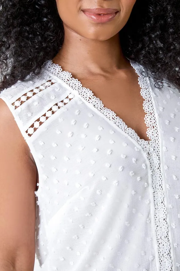 Women Ivory Petite Spot Print Lace Tunic Top Roman Tops