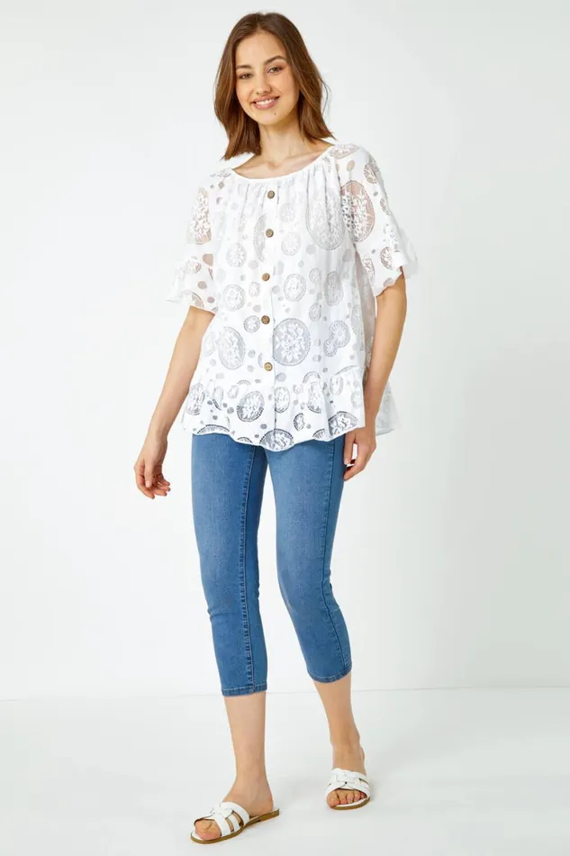 Women Ivory Sheer Lace Button Detail Bardot Top Roman Tops
