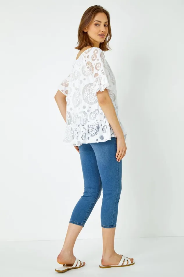Women Ivory Sheer Lace Button Detail Bardot Top Roman Tops