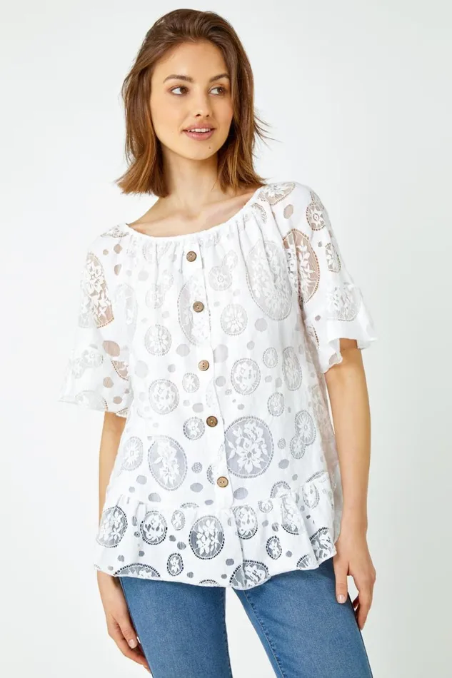 Women Ivory Sheer Lace Button Detail Bardot Top Roman Tops