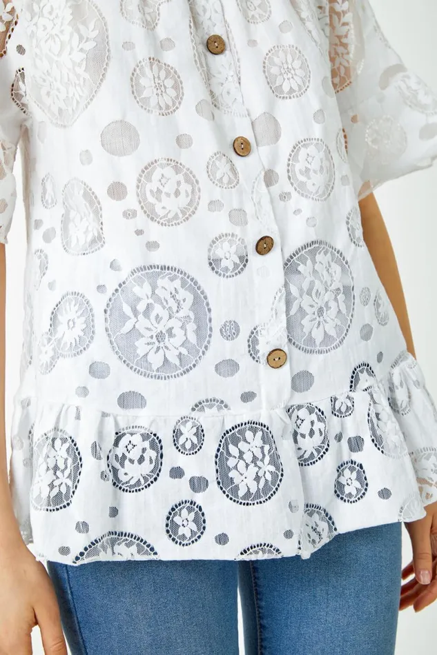 Women Ivory Sheer Lace Button Detail Bardot Top Roman Tops