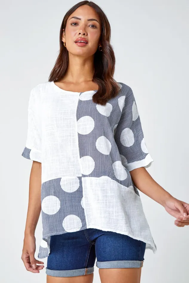 Women Ivory Spot Print Oversized Cotton Tee Roman Tops