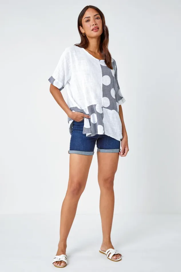Women Ivory Spot Print Oversized Cotton Tee Roman Tops