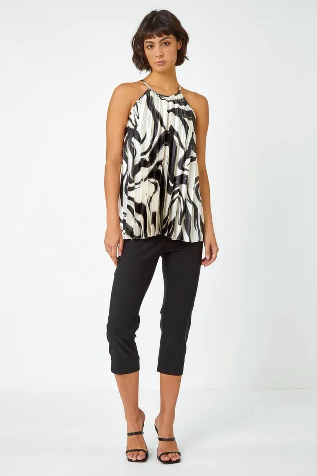 Women Ivory Swirl Print Pleated Halterneck Top Roman Tops