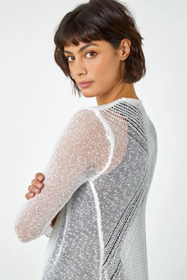 Women Ivory Textured Pointelle Detail Shrug Roman Knitwear