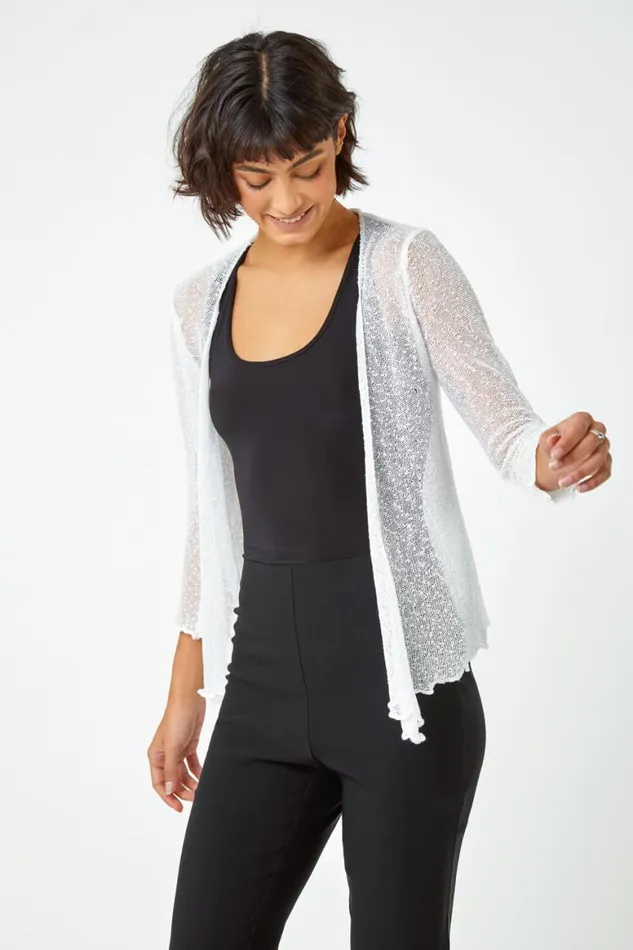 Women Ivory Textured Pointelle Detail Shrug Roman Knitwear